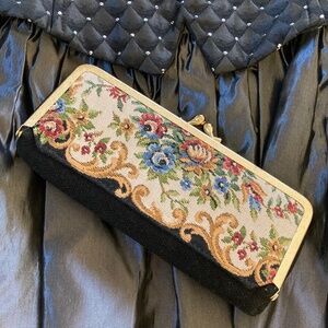 Vintage Petit Point Tapestry Clutch Purse 1950s Made in Japan Floral Evening Bag